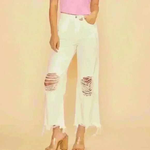 Distressed Wide Leg High Rise White Jeans - Picture 2 of 3